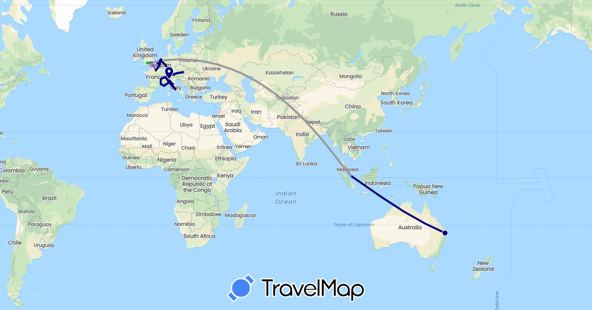 TravelMap itinerary: driving, bus, plane, train in Austria, Australia, Belgium, Switzerland, Germany, France, United Kingdom, Italy, Monaco, Netherlands, Singapore (Asia, Europe, Oceania)